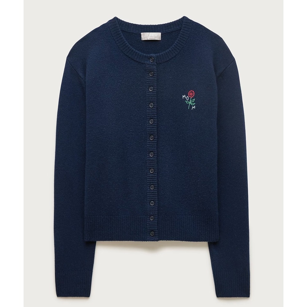 J.Crew | NWT Perfect Cashmere "Mom" Cardigan Navy Embroidered | Sz L